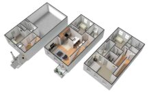 2D floor plans with 4 bedrooms, 4 bathrooms, garage and kitchen.