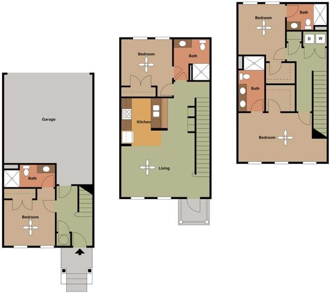 2D floor plans with 4 bedrooms, 4 bathrooms, garage and kitchen.